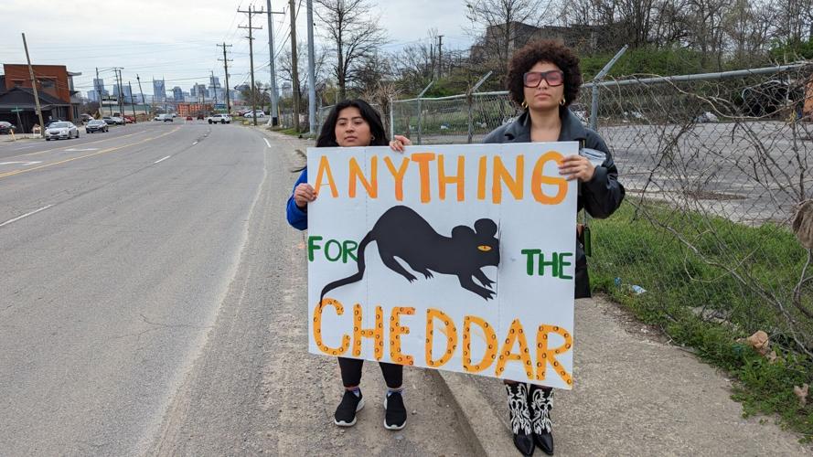 Labor advocates rally outside the construction site at 1330 Dickerson Pike