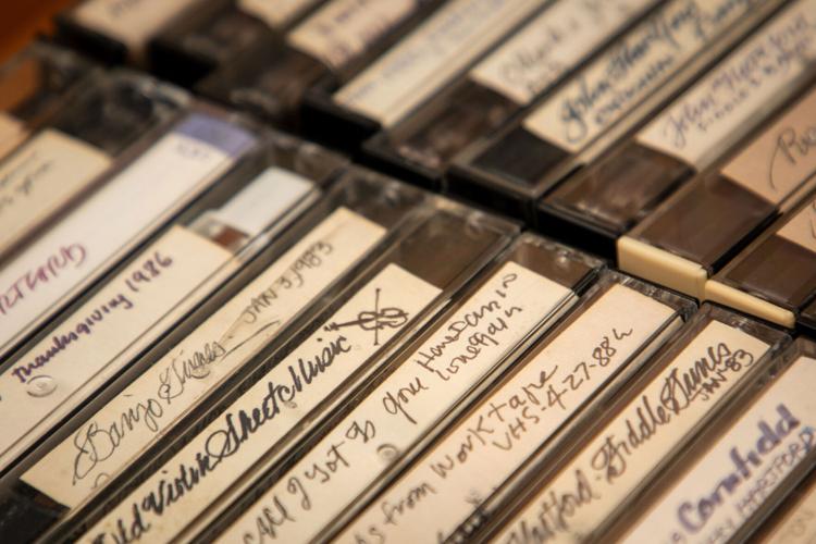 Photo of audio cassettes featuring jam sessions and fiddle tunes recorded by the late John Hartford, housed at the Center for Popular Music.