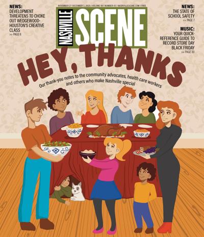 Cover of Nashville Scene for November 27, 2025 issue of family and friends around a Thanksgiving table