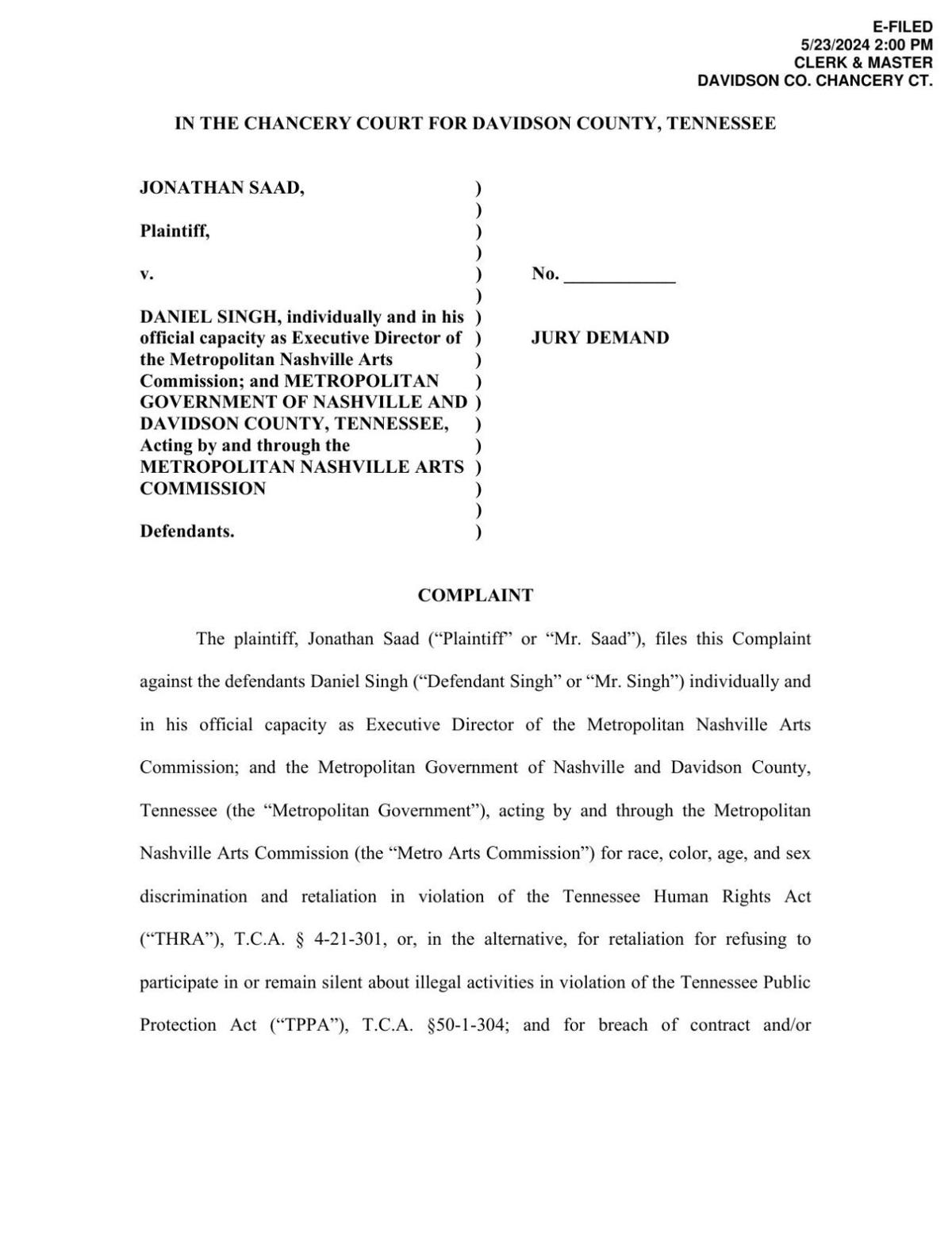 Jonathan Saad Metro Arts complaint