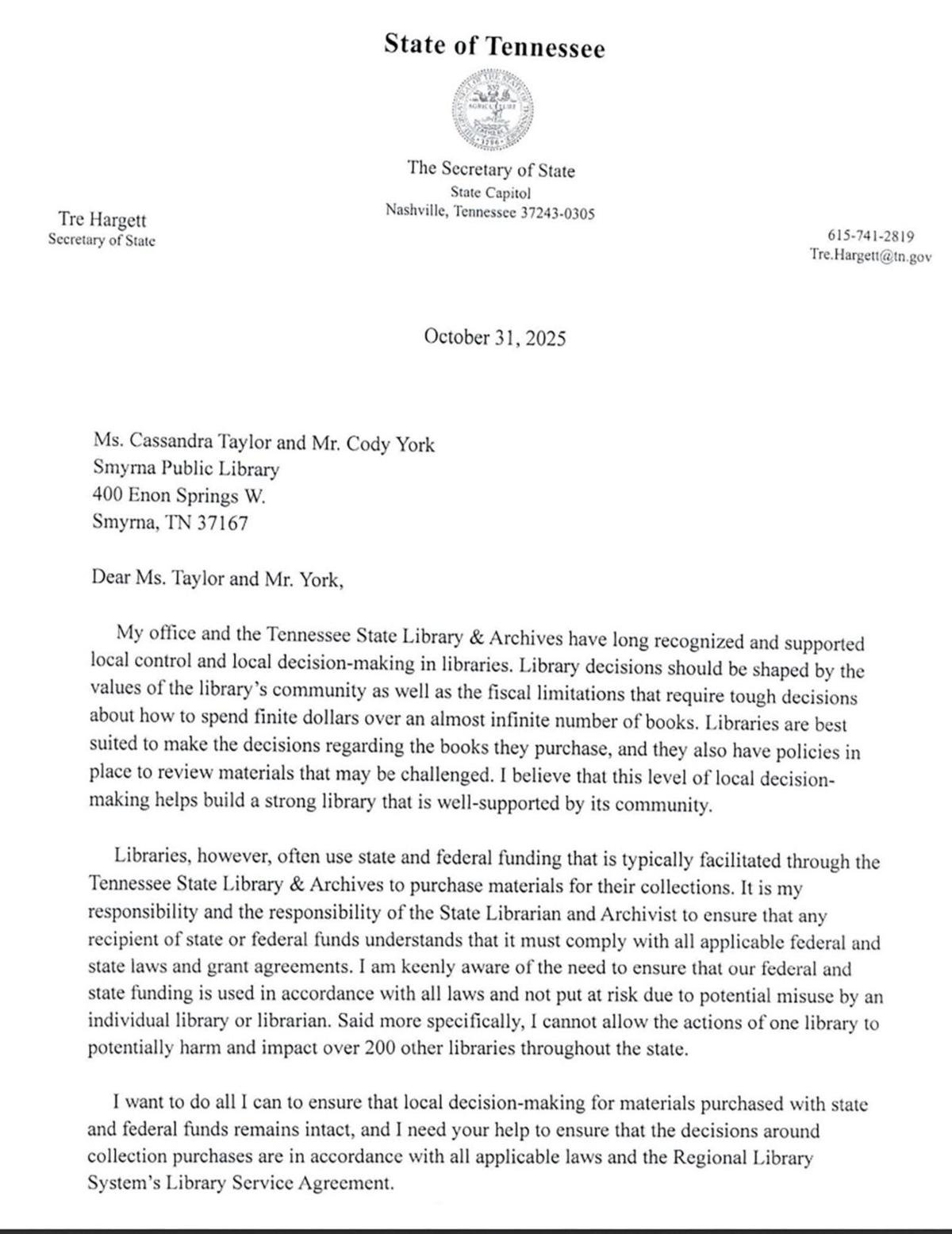 Hargett Book Ban Letter 2