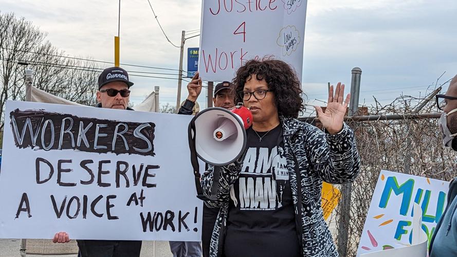 Labor advocates rally outside the construction site at 1330 Dickerson Pike