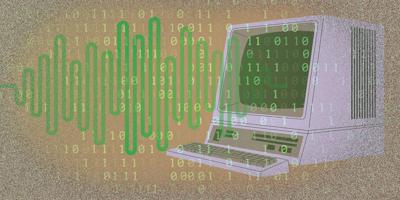 Illustration superimposing an outline of an audio waveform, a selection of binary data and an image of an old desktop computer to signify the relationship between artificial intelligence and music.