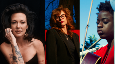 Composite photo featuring color press photographs of Amanda Shires in a black gown against a black background, S.G. Goodman in a black suit against a red background and Sunny War playing an acoustic guitar outside