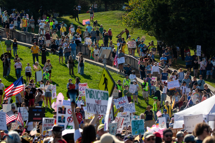 Protesters gather in downtown Nashville for the No Kings Rally, Oct. 18, 2025