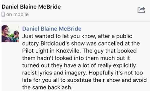 Knoxville Hater Pushes Nationwide Ban on Birdcloud