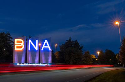 Nashville International Airport BNA sign at night