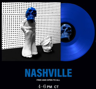 Composite image of the cover of Jack White’s ‘Frozen Charlotte’ and a blue vinyl pressing of the record, with text noting that the listening party at the Nashville storefront will be 4-6 p.m. on Wednesday, July 8, 2026.