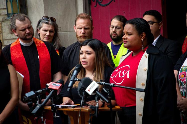 Jennifer Vasquez Sura addresses supporters at Nashville's First Lutheran Church during her husband Kilmar Armando Abrego García's arraignment