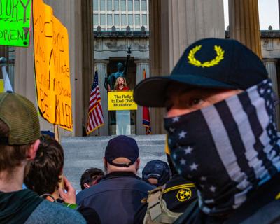 Proud Boys gathered as Sen. Marsha Blackburn speaks against transgender health care, Oct. 21, 2022