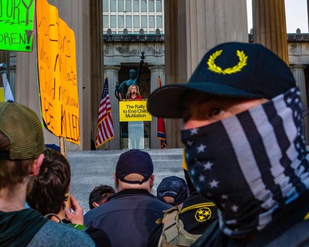 Proud Boys gathered as Sen. Marsha Blackburn speaks against transgender health care, Oct. 21, 2022