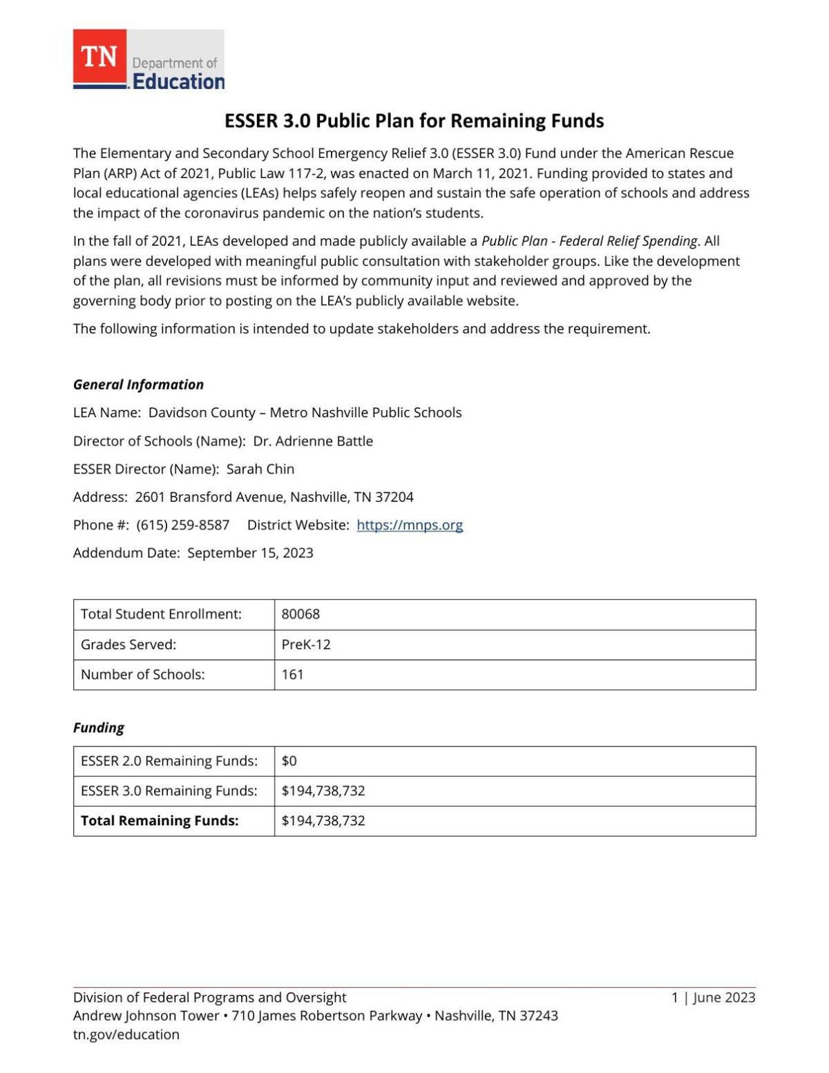 ESSER 3.0 Public Plan for Remaining Funds
