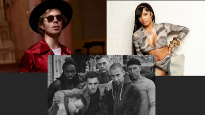 Compilation image of three press photographs, featuring musical artists Beck, GloRilla and Bleachers