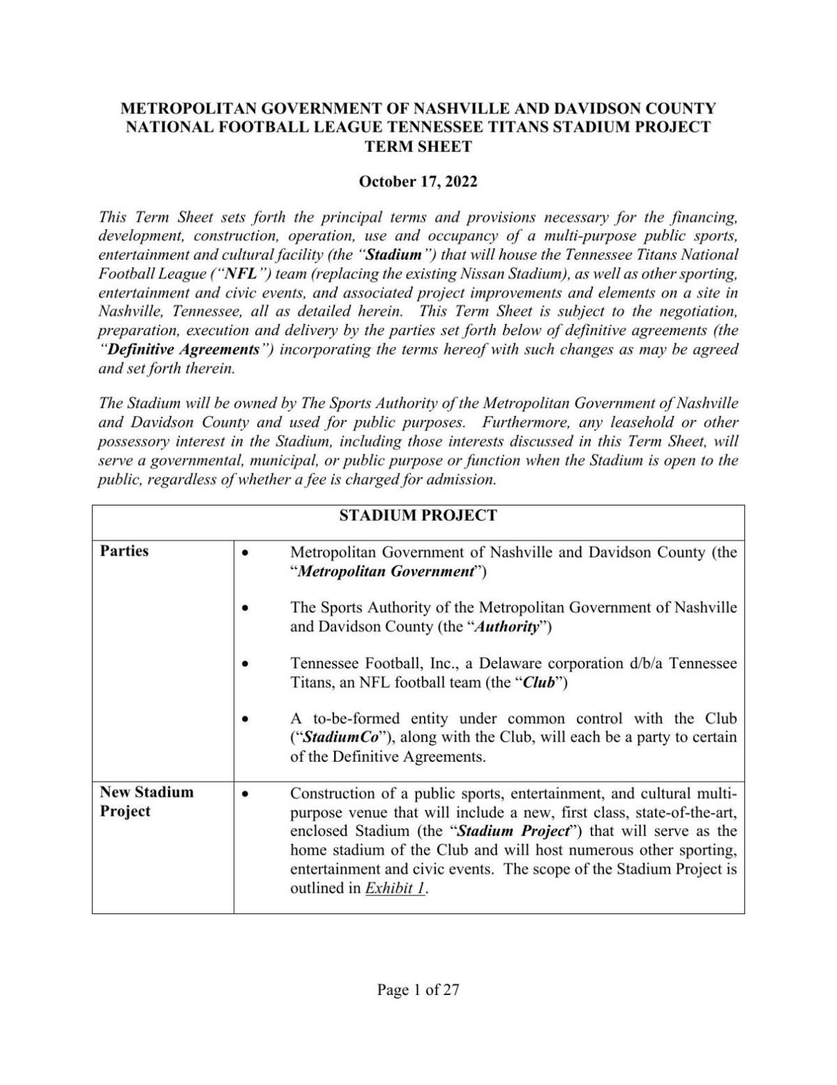 Titans Proposed Terms Sheet