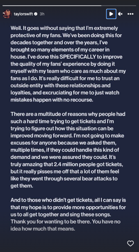 Taylor Swift Ticketmaster Instagram statement
