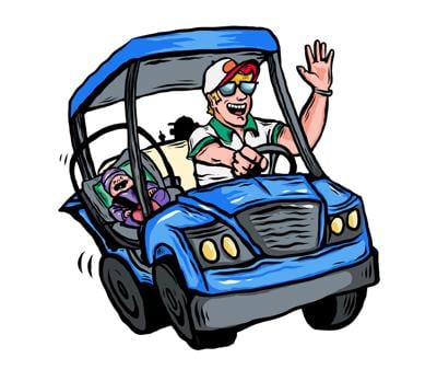An illustration of a man in sunglasses driving a golf cart with a baby in the passenger seat; a shadowed figure in the background holds up a middle finger while the driver waves ahead.