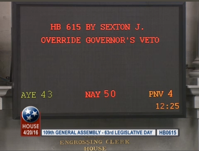 Override Attempt Fails, Haslam's Veto of Bible Bill Stands