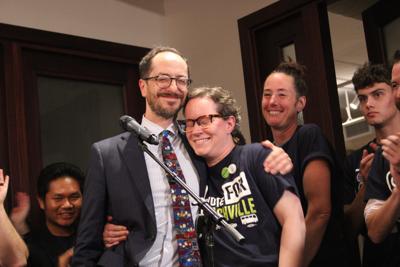 Mayor Freddie O'Connell celebrates his transit win at co-working space The Malin in the Gulch