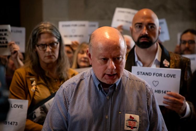 Tennessee Equality Project executive director Chris Sanders speaks to reporters in the state Capitol, Feb. 19, 2026