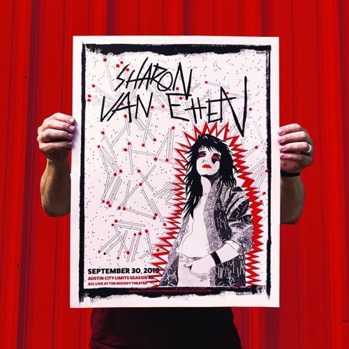 A figure hides behind a poster. The illustration displays a a woman in black and white art, outlined in a jagged redlines and with red eyes and lips. The top of the poster reads Sharon Van Etten.