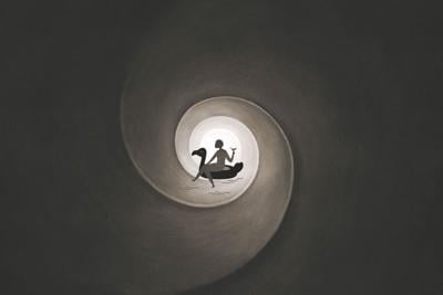 A illustration of a woman drinking a drink, sitting on a float in the middle of a tunnel