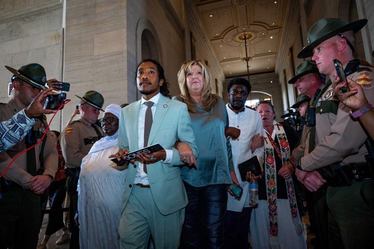 Rep. Justin Jones, joined by Rep. Gloria Johnson, returns to the state House, April 10, 2023