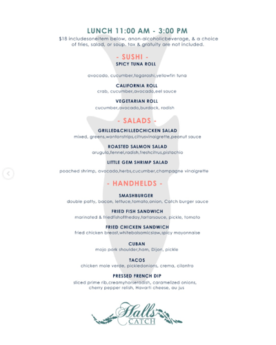 Halls Catch lunch menu