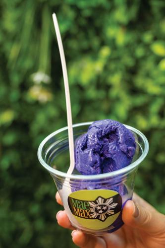 A scoop of purple ice cream in a cup branded "MaeMax"