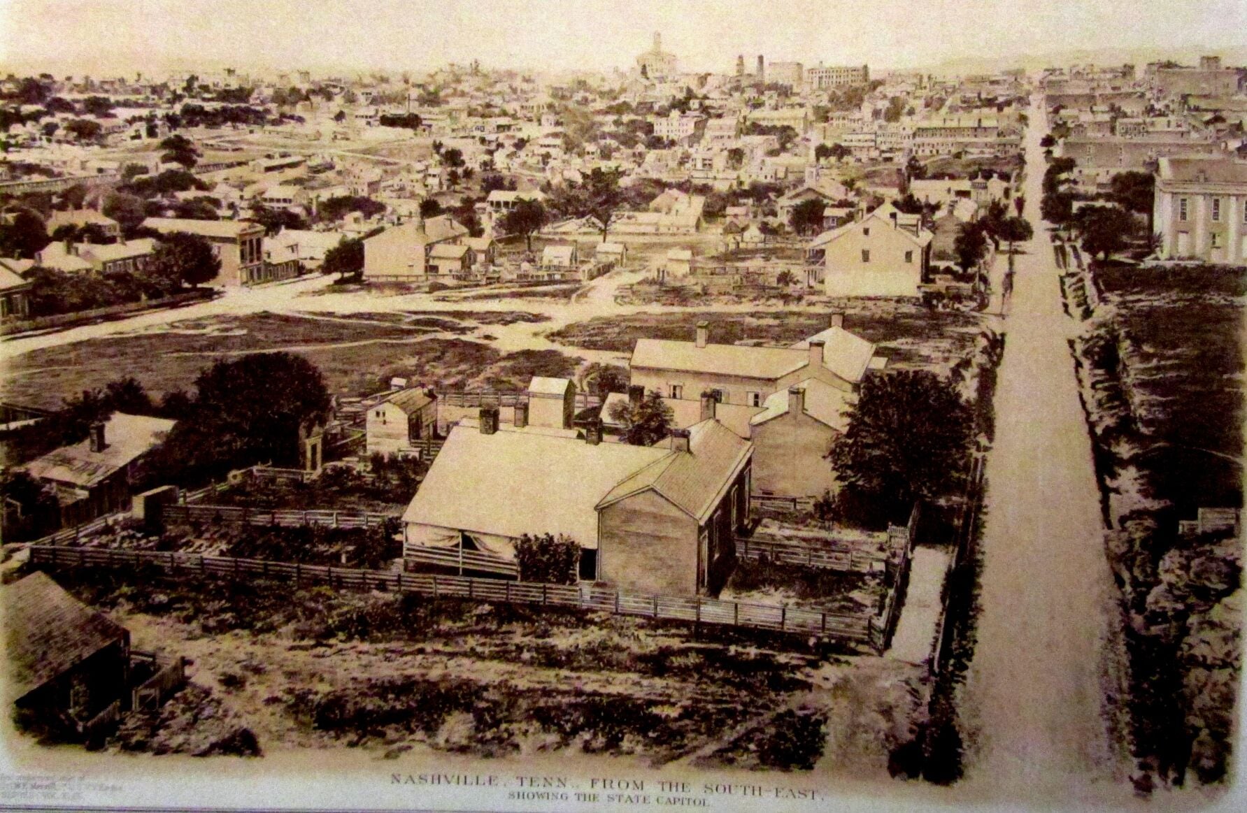 A postcard featuring a photo of Nashville in the 1860s