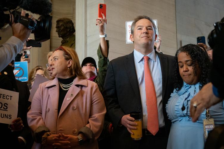 Democratic Sens. Heidi Campbell, Jeff Yarbro and Raumesh Akbari in the state Capitol, March 30, 2023