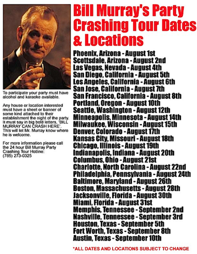 Bill Murray's 'Party Crashing Tour' To Come to Nashville on Sept. 3 ... Is This Real?! [Update: It Appears To Be a Hoax]