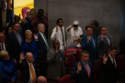 Rep. Justin Jones (in white) being sworn in as a member of the Tennessee General Assembly, January 2023