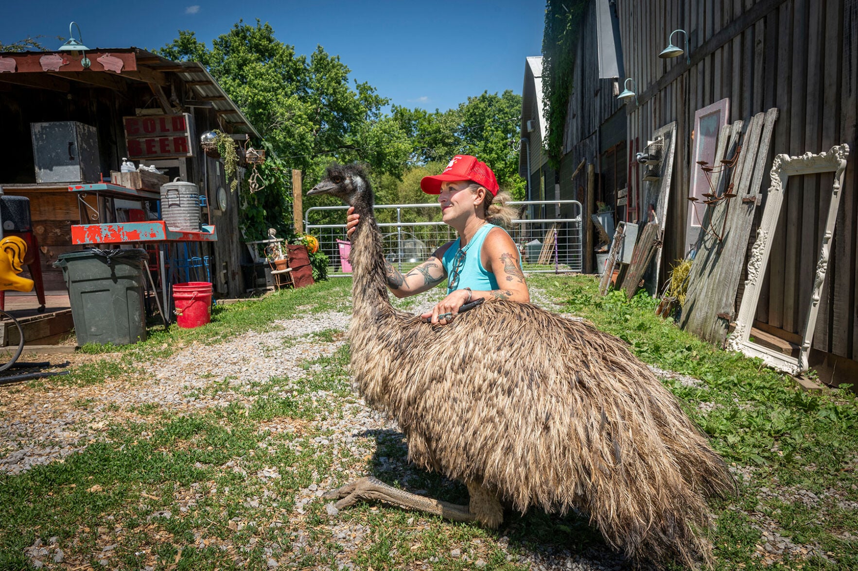 Bonnie Glueck with a rescued emu at Piccolo Farms