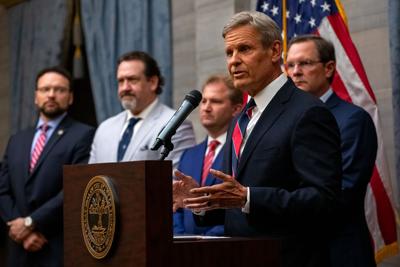Gov. Bill Lee, joined by Republican leadership, speaks to press on the final day of the legislative session, April 23, 2026