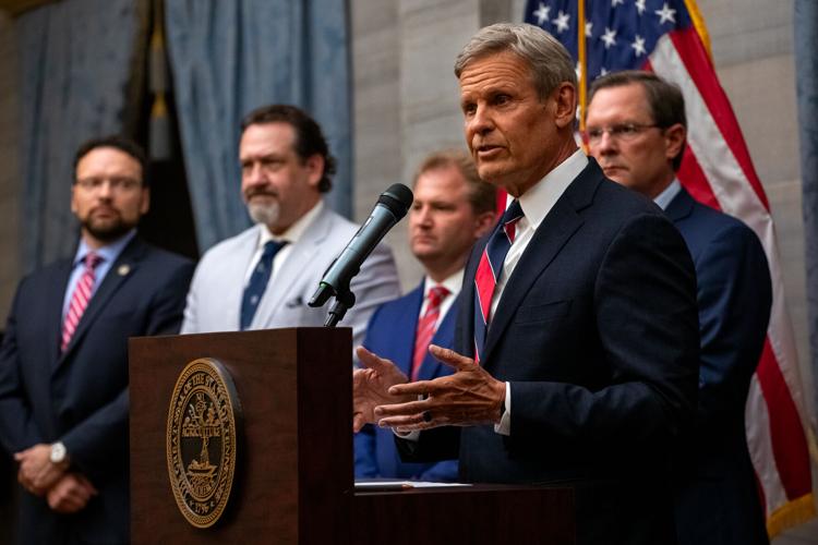 Gov. Bill Lee, joined by Republican leadership, speaks to press on the final day of the legislative session, April 23, 2026