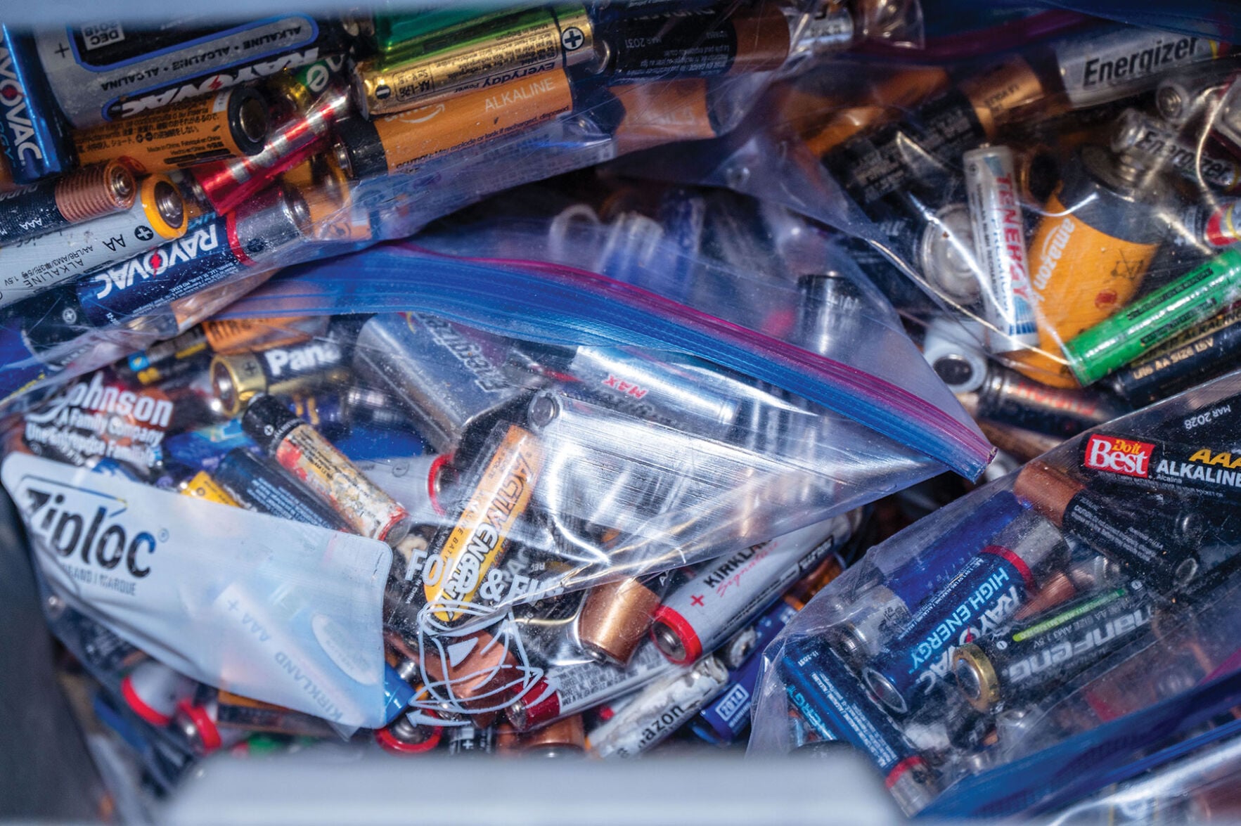 Batteries sorted into plastic bags for recycling at East Convenience center