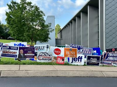 Campaign signs outside the Nashville Public Library's Edmondson Pike Branch