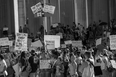 Demonstrators gather in downtown Nashville to protest the reversal of Roe v. Wade on June 24, 2022