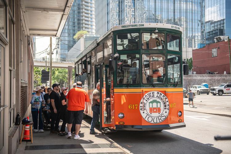 Old Town Trolley Tours picking up passengers downtown
