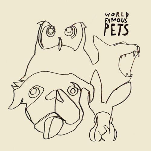 Cover art for the 'World Famous Pets' album, featuring interconnected line drawings of an owl, a dog, a cat and a rabbit.