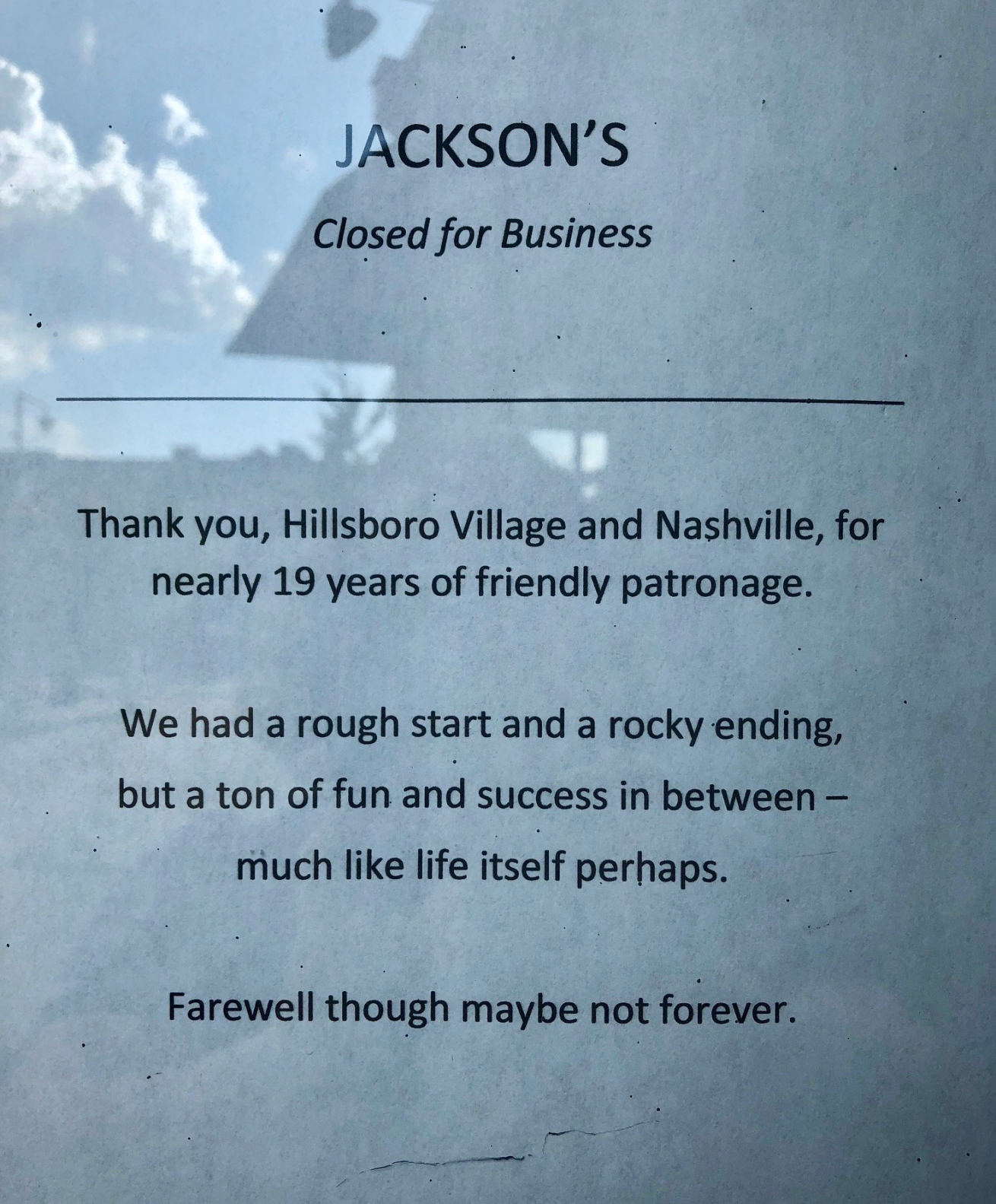 Jackson's Shuts Down in Hillsboro Village