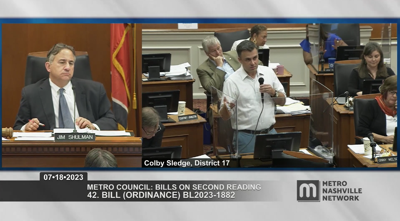 Councilmember Colby Sledge addresses the Metro Council, July 18, 2023