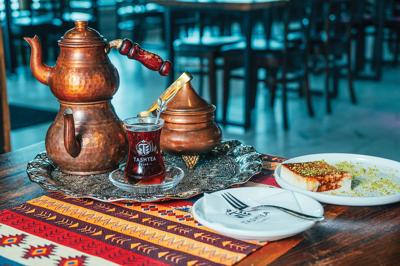 A generous spread of breakfast and tea at TashTea Cafe