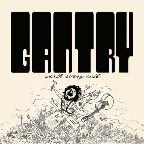 Cover illustration of Chris Gantry's 2026 album 'Worth Every Nail,' featuring a cartoon drawing of the singer riding a bomb down from the sky on Nashville in an homage to 'Dr. Strangelove.'