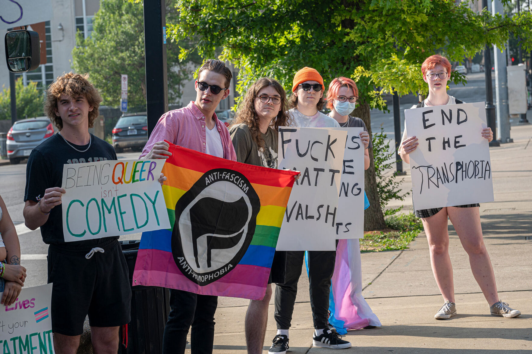 Protesters outside Municipal Auditorium during filming of a Daily Wire production