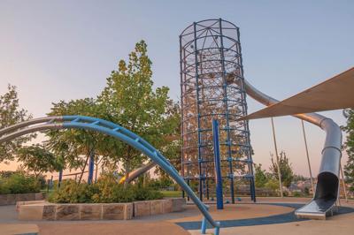 A tall jungle gym and slide at the playground at Ravenwood Park, which received the Nashville Scene's 2026 Writers' Choice for Best All-Ages Playground in Nashville.