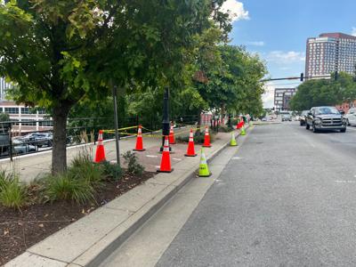 Cones block off work on Korean Veterans Boulevard in downtown Nashville