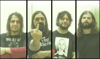 Color photo composite featuring individual photos of the four members of New Orleans sludge metal band Eyehategod.