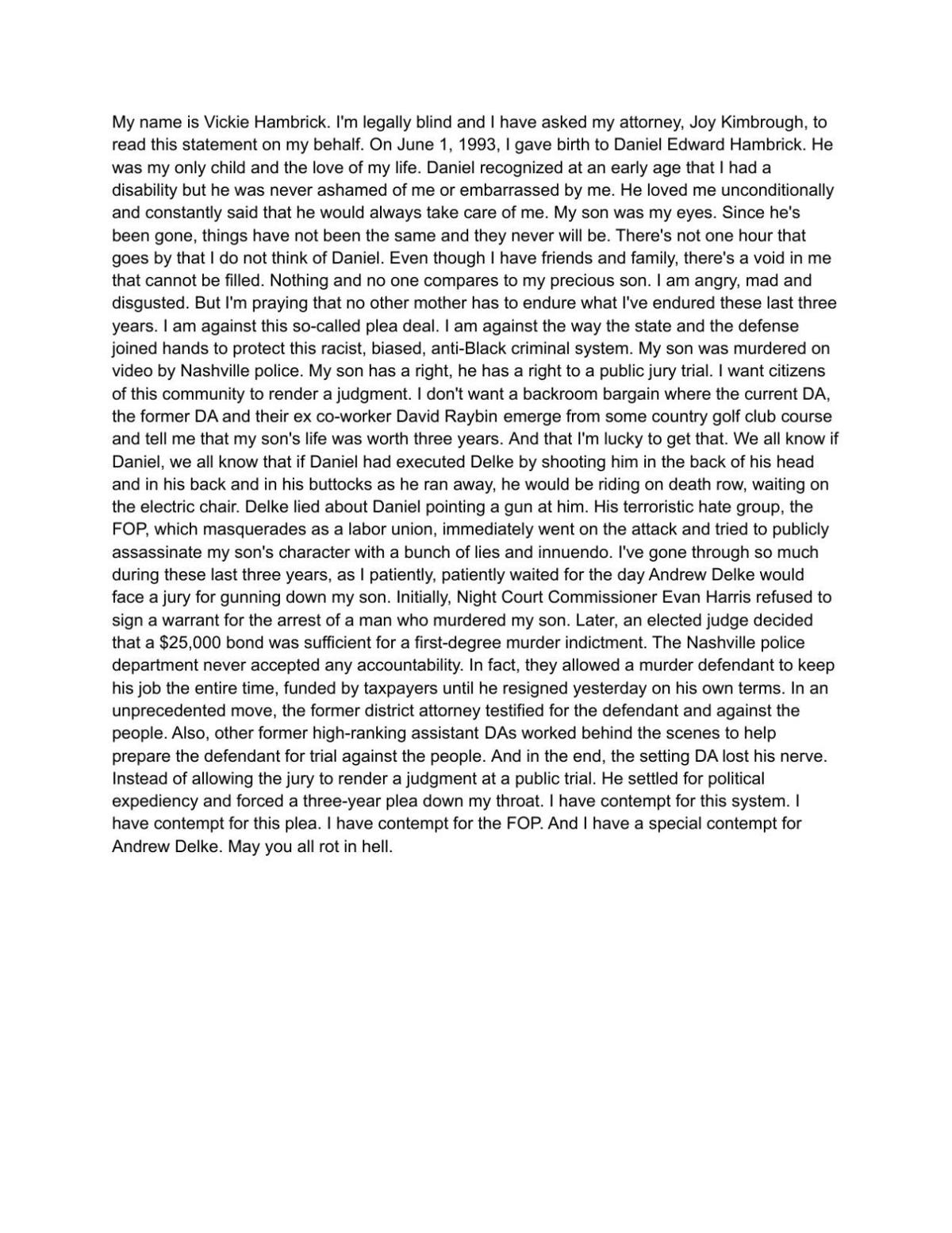 Vickie Hambrick Prepared Statement