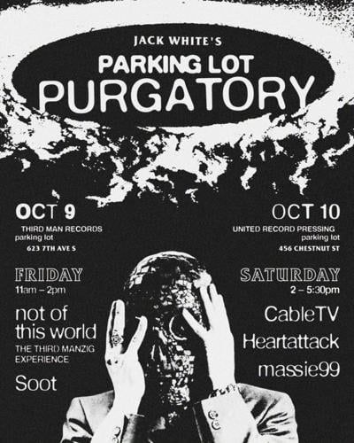 Black-and-white flyer featuring a photo of the skull figure from Jack White's 'Frozen Charlotte,' announcing the free outdoor shows to precede White's shows at The Truth on Oct. 9 and 10, 2026.